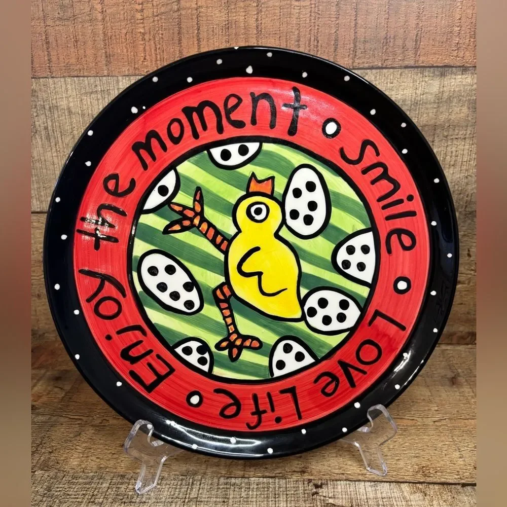 Nicole Engblom ENJOY THE MOMENT 10.5” Round Platter Ceramic Art Pottery Chicken